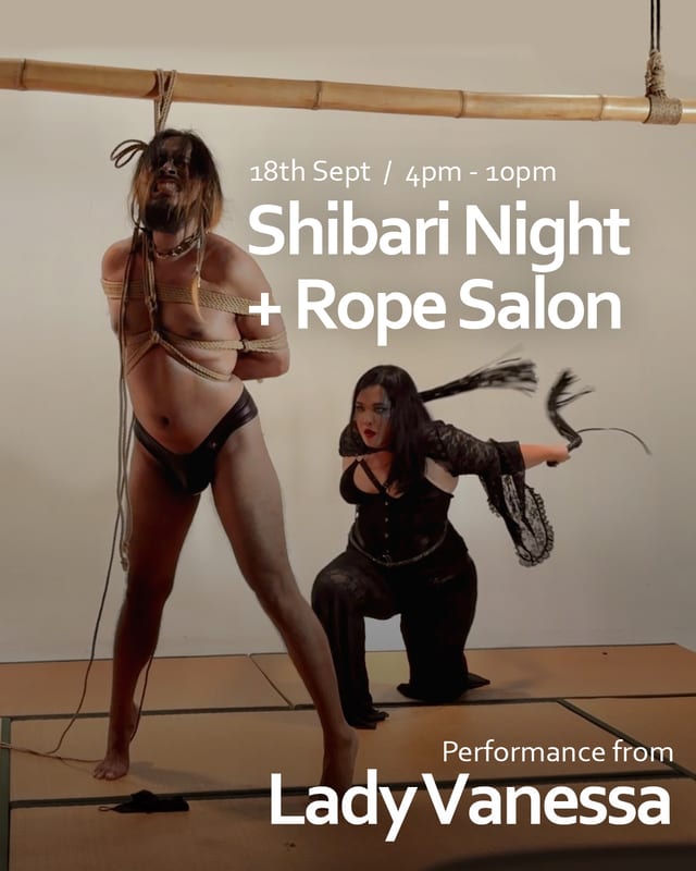 Lady Vanessa performing rope and impact play beside a suspended partner.